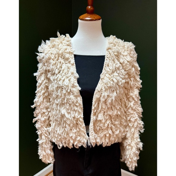 Mudd Cream Shaggy Cropped Cardigan Sweater Jacket Size L Boho Knit - Picture 1 of 8